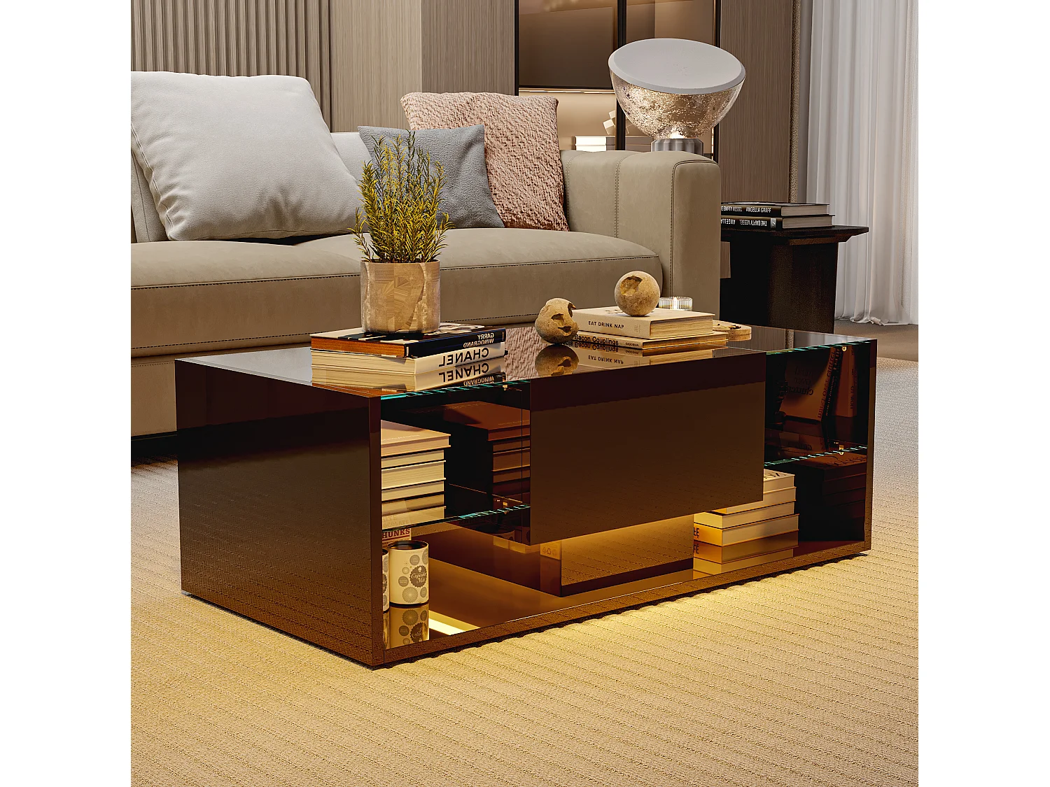 Mesa de centro flotante LED, negra, con tablero de vidrio templado e iluminación LED controlada por app y control remoto.