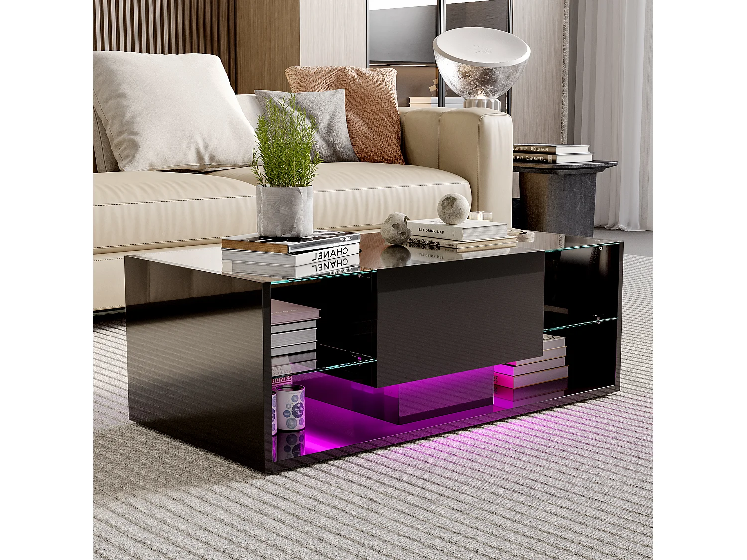 Mesa de centro flotante LED, negra, con tablero de vidrio templado e iluminación LED controlada por app y control remoto.