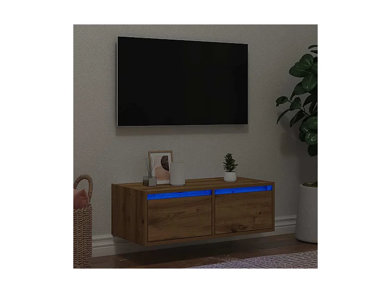 Meuble TV avec lumières LED chêne artisanal 75x35,5x25 cm