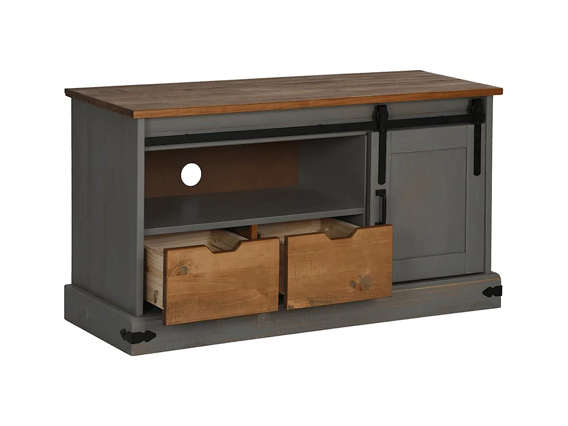 Meuble TV HALDEN porte coulissante gris 110x40x60cm bois massif