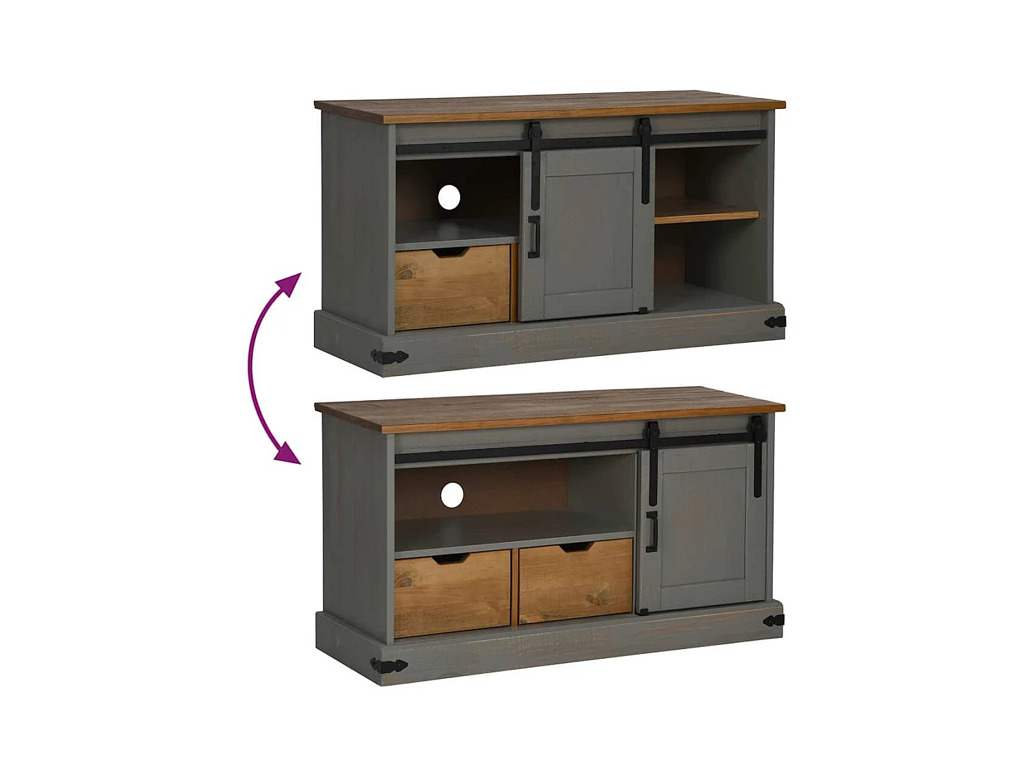 Meuble TV HALDEN porte coulissante gris 110x40x60cm bois massif