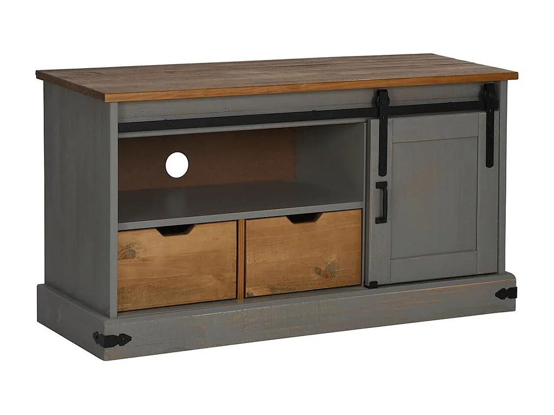 Meuble TV HALDEN porte coulissante gris 110x40x60cm bois massif