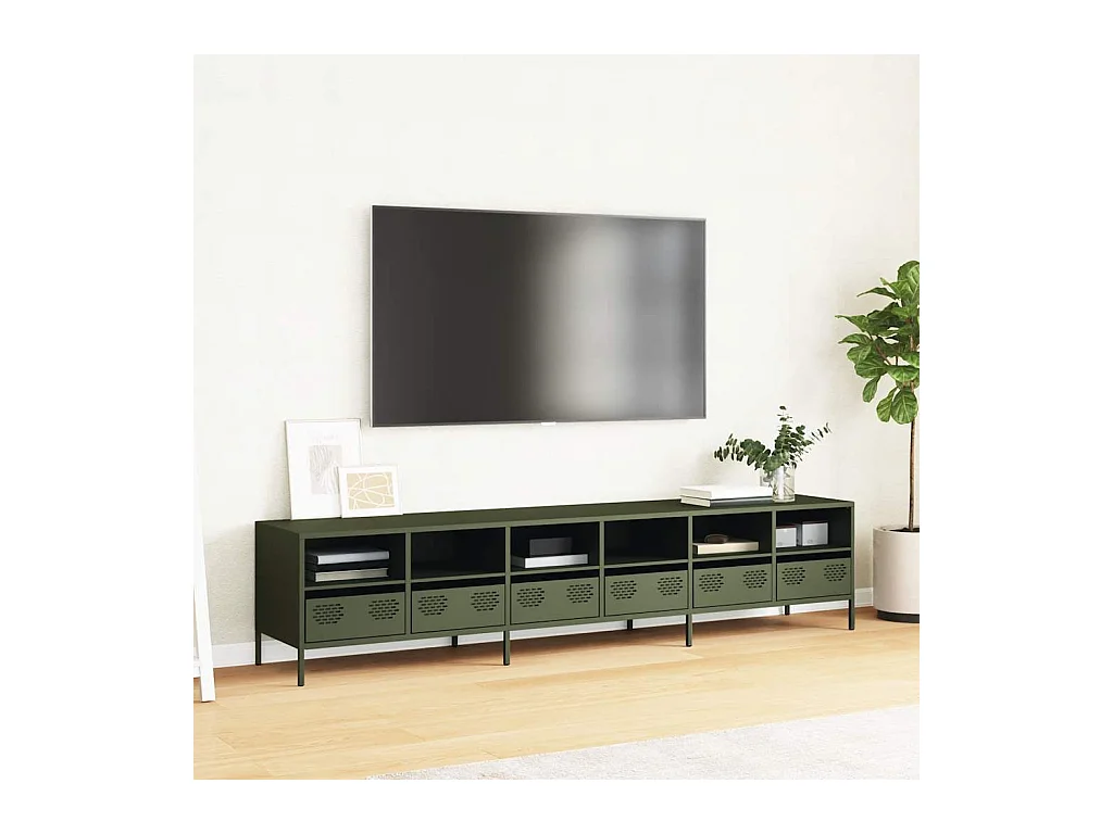 Meuble TV vert olive 202x39x43,5 cm acier laminé à froid
