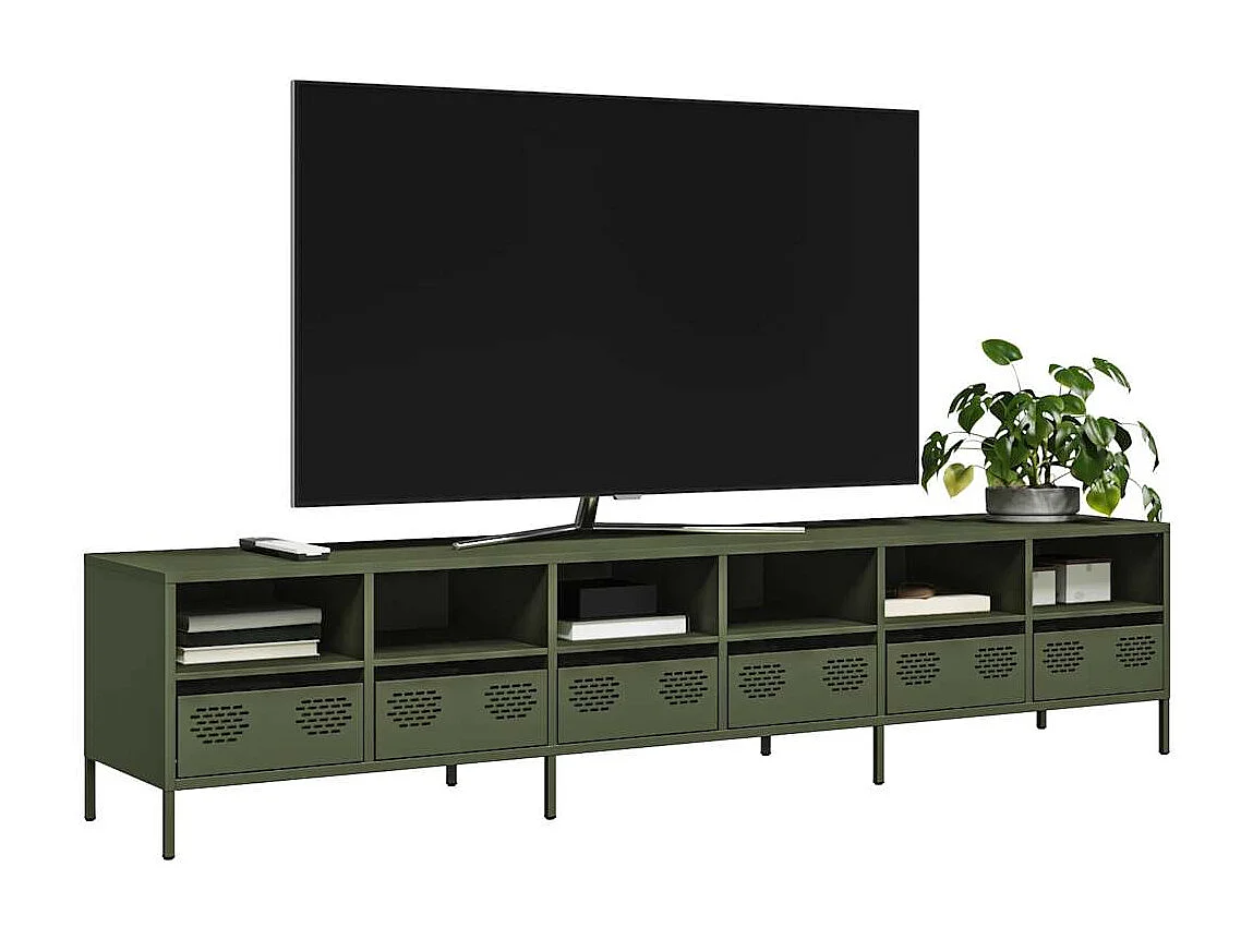 Meuble TV vert olive 202x39x43,5 cm acier laminé à froid