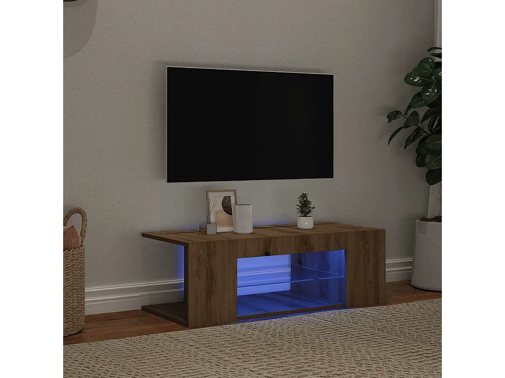Meuble TV avec lumières LED chêne artisanal bois d'ingénierie