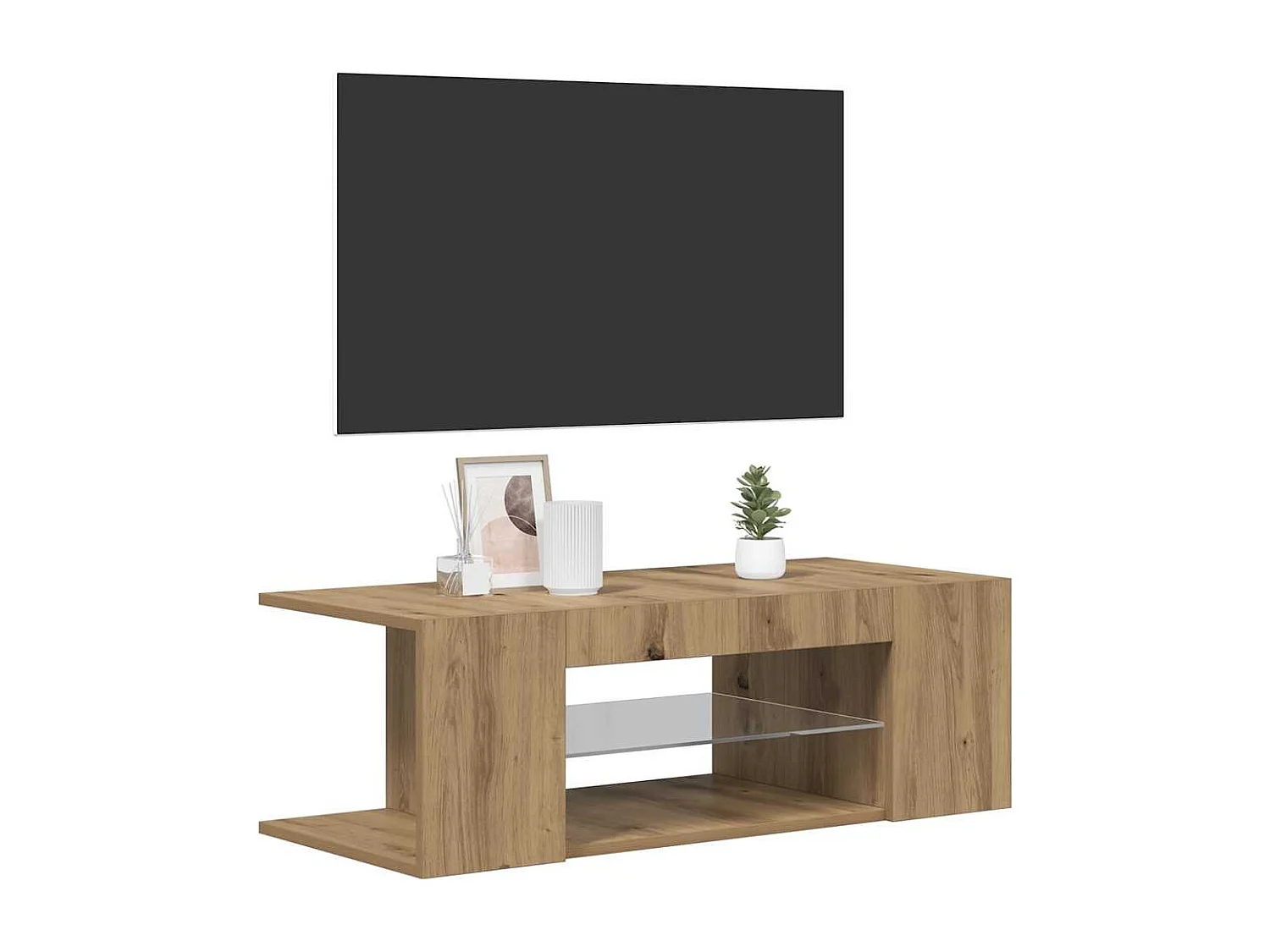 Meuble TV avec lumières LED chêne artisanal bois d'ingénierie