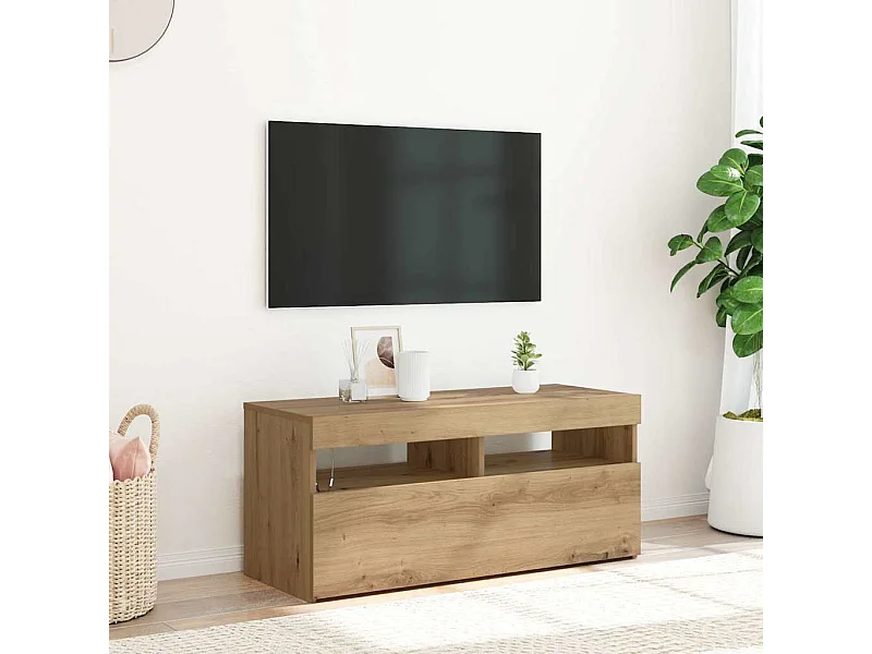 Meuble TV avec lumières LED chêne artisanal bois d'ingénierie