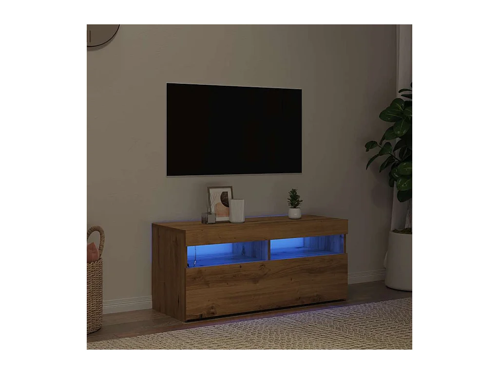 Meuble TV avec lumières LED chêne artisanal bois d'ingénierie