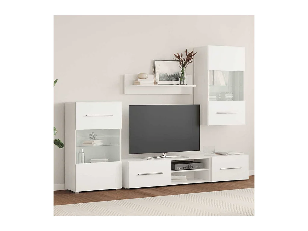 Meubles TV 5 pièces avec lumière LED blanc mat bois d'ingénierie