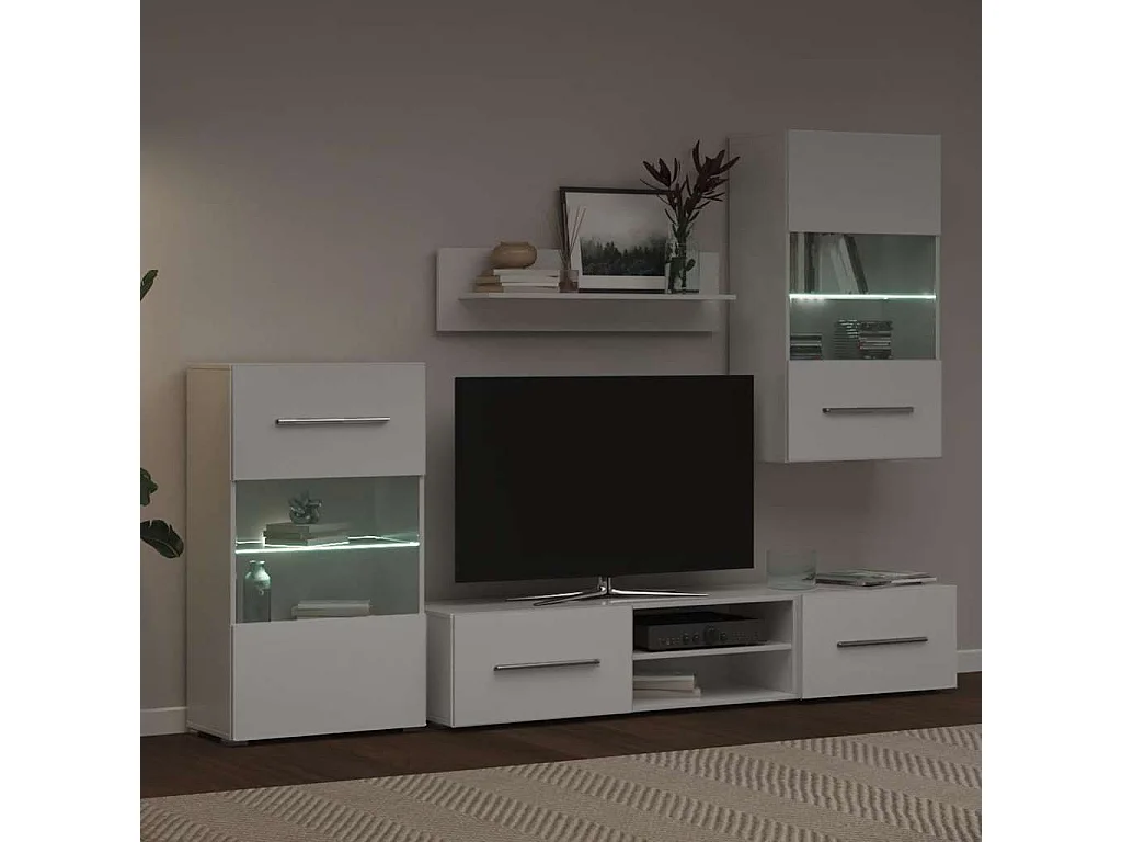 Meubles TV 5 pièces avec lumière LED blanc mat bois d'ingénierie