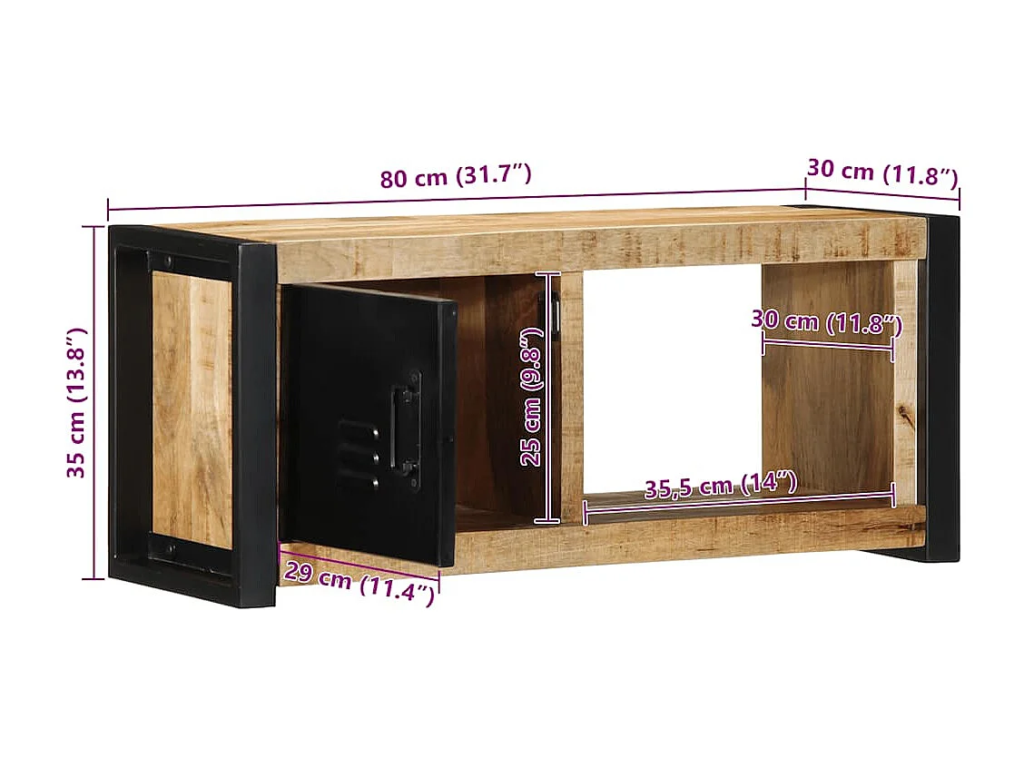 Meuble TV 80x30x35 cm bois massif de manguier brut