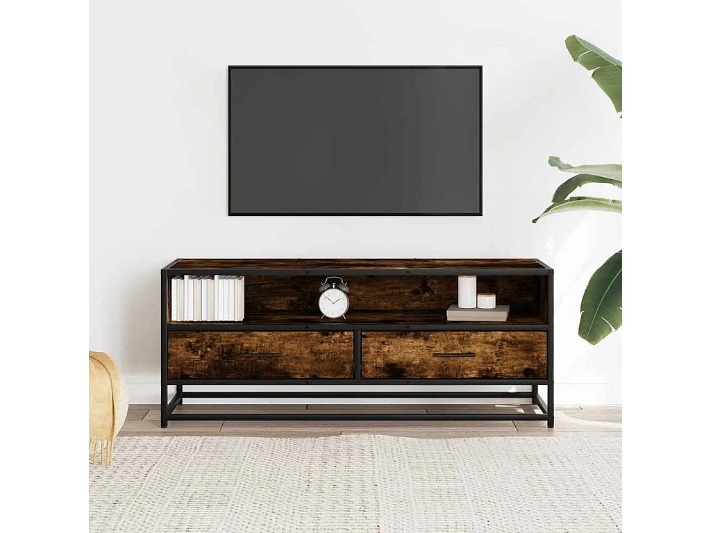 Meuble TV chêne fumé 100x34,5x40 cm bois d'ingénierie et métal