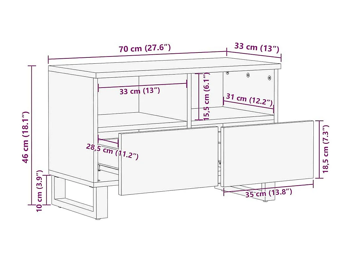 Meuble TV Blanc 70 x 33 x 46 cm bois de manguier massif