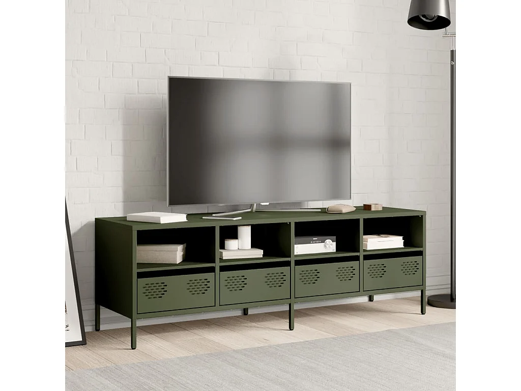 Meuble TV vert olive 135x39x43,5 cm acier laminé à froid