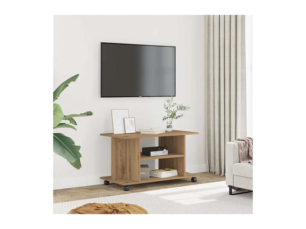 Meuble TV roulettes chêne artisanal 80x40x45 cm bois ingénierie