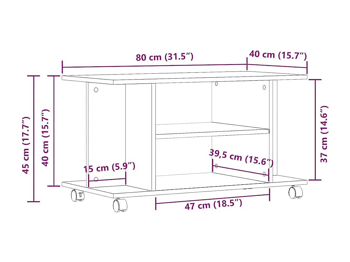 Meuble TV roulettes chêne artisanal 80x40x45 cm bois ingénierie