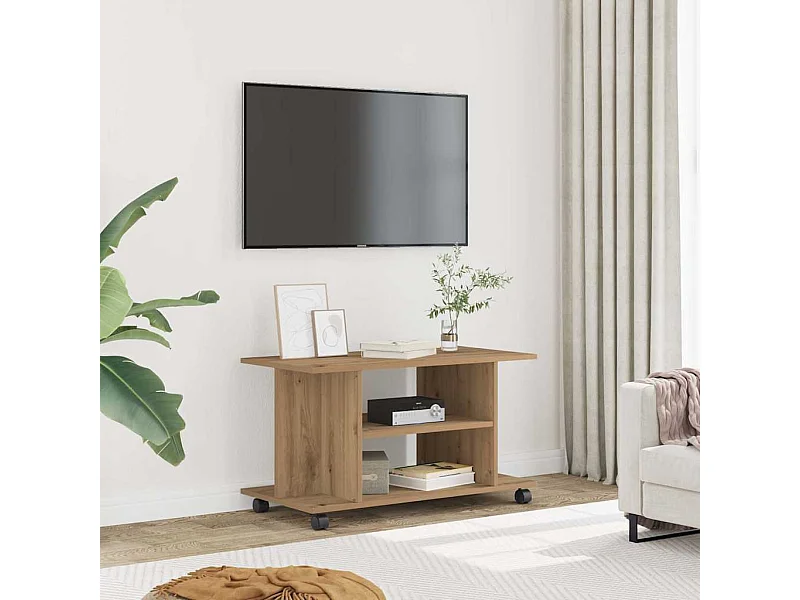 Meuble TV roulettes chêne artisanal 80x40x45 cm bois ingénierie