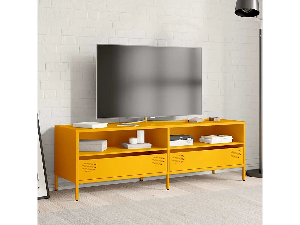 Meuble TV jaune moutarde 135x39x43,5 cm acier laminé à froid