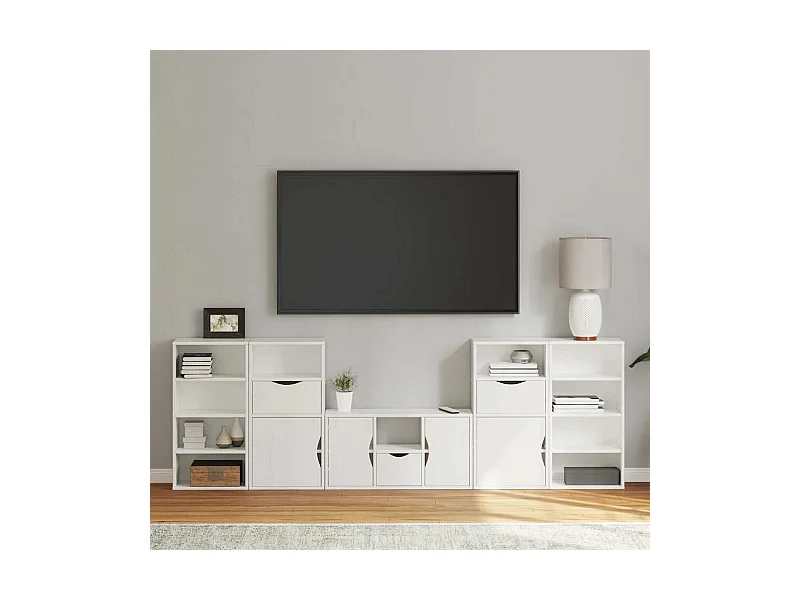 Meubles TV 5 pièces avec rangement ODDA blanc bois de pin massif