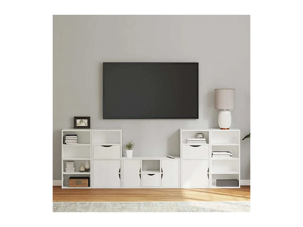Meubles TV 5 pièces avec rangement ODDA blanc bois de pin massif