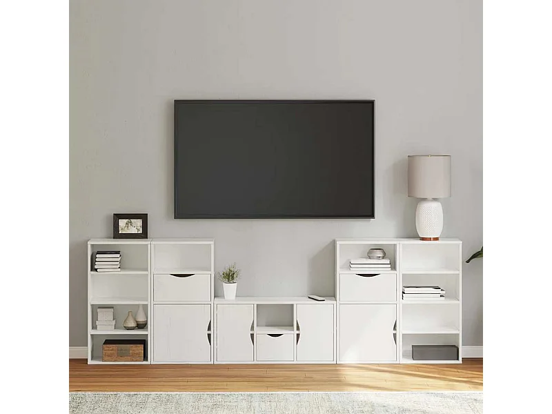 Muebles de TV 5 uds. con almacenaje "ODDA" blanco madera pino