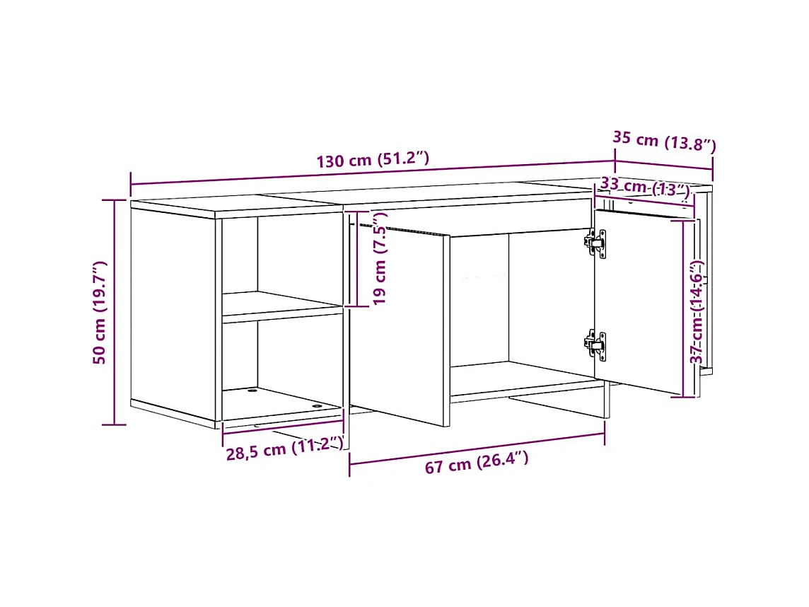 Meuble TV chêne artisanal 130x35x50 cm bois d'ingénierie