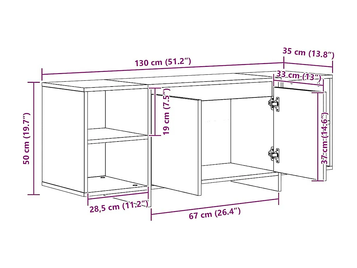 Meuble TV chêne artisanal 130x35x50 cm bois d'ingénierie
