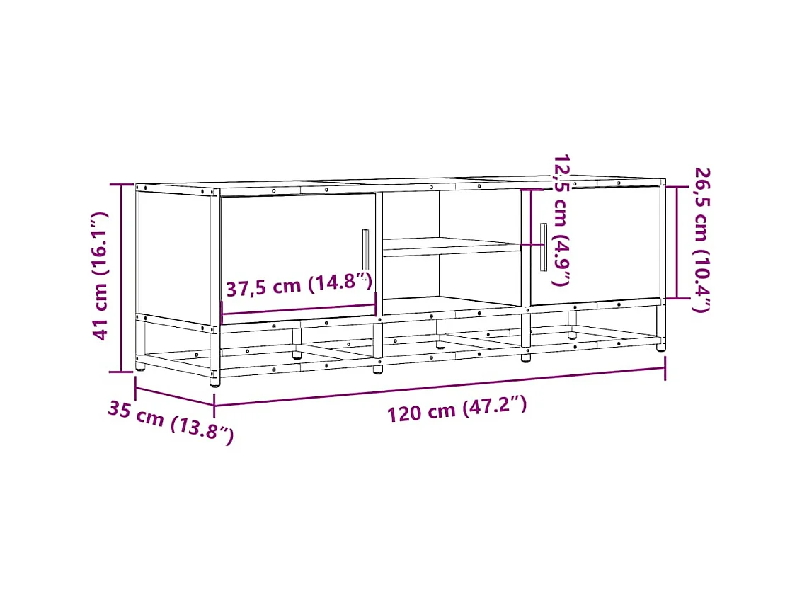 Meuble TV chêne fumé 120x35x41 cm bois d'ingénierie et métal