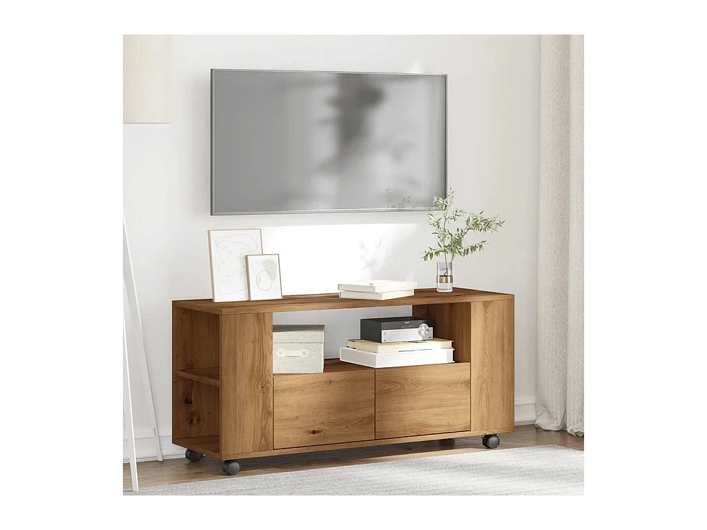 Meuble TV avec roulettes chêne artisanal bois d'ingénierie