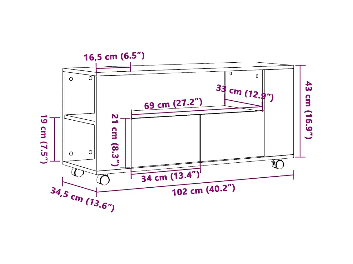 Meuble TV avec roulettes chêne artisanal bois d'ingénierie