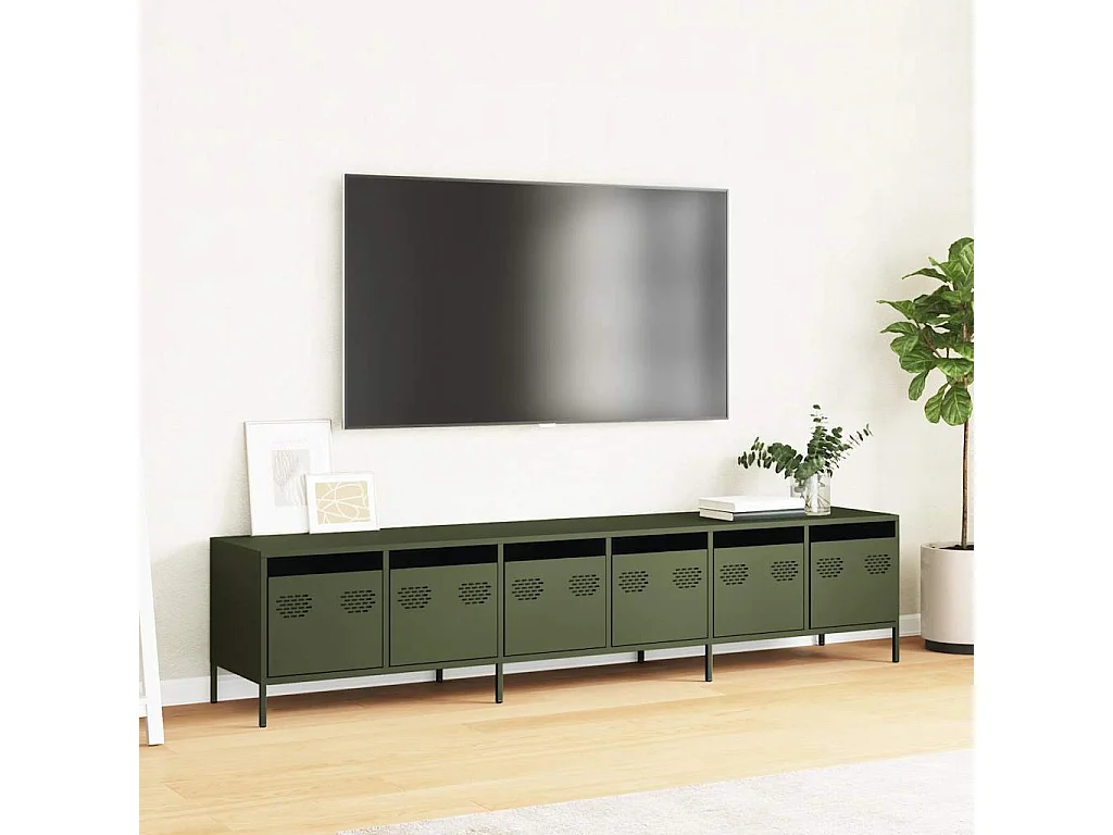 Meuble TV vert olive 202x39x43,5 cm acier laminé à froid