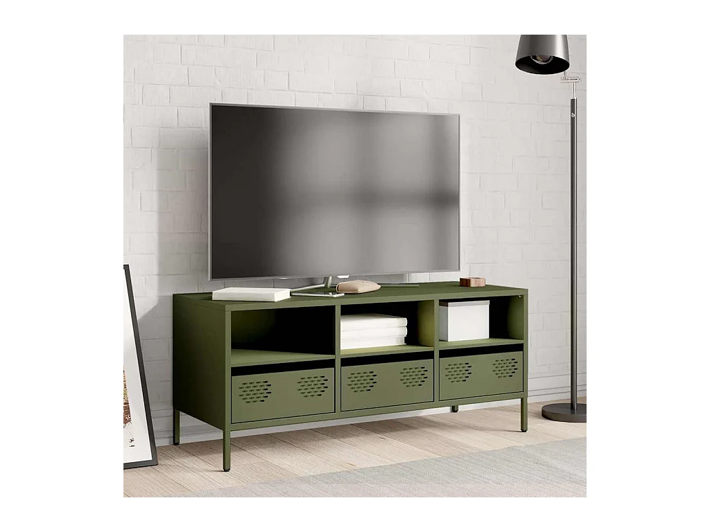 Meuble TV vert olive 101,5x39x43,5 cm acier laminé à froid