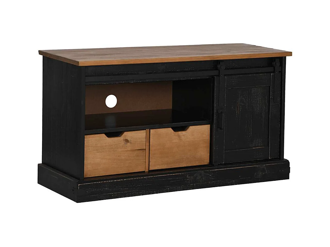 Meuble TV HALDEN porte coulissante noir 110x40x60cm bois massif
