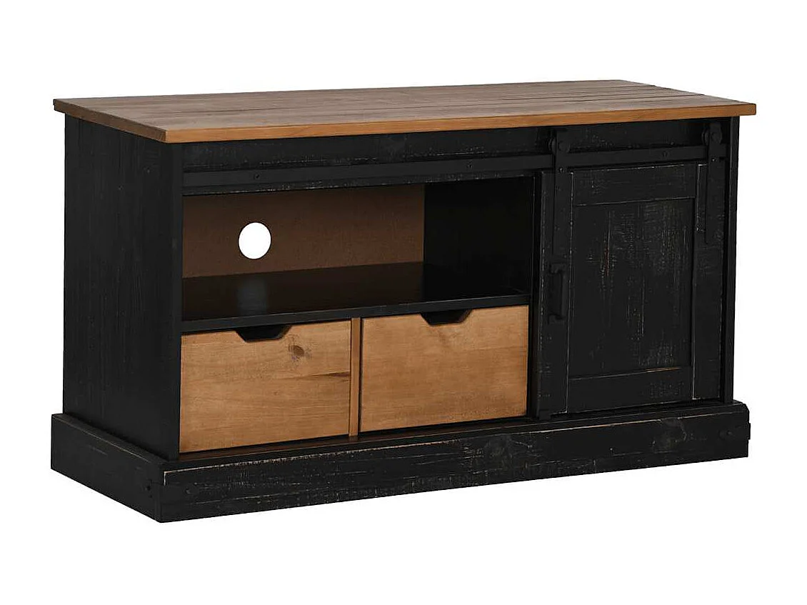 Meuble TV HALDEN porte coulissante noir 110x40x60cm bois massif