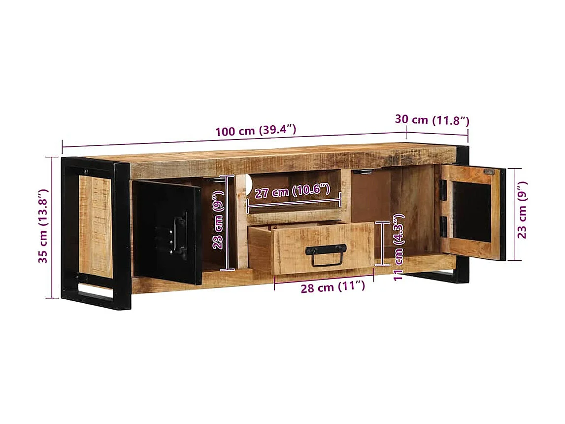 Meuble TV 100x30x35 cm bois massif de manguier brut