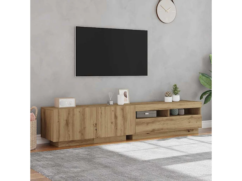 Meuble TV avec lumières LED chêne artisanal bois d'ingénierie
