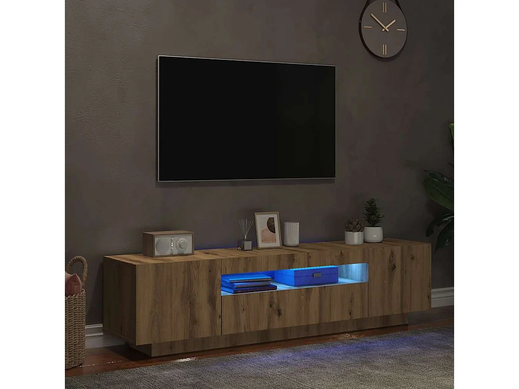 Mueble de TV luces LED madera roble artisan 160x35x40 cm