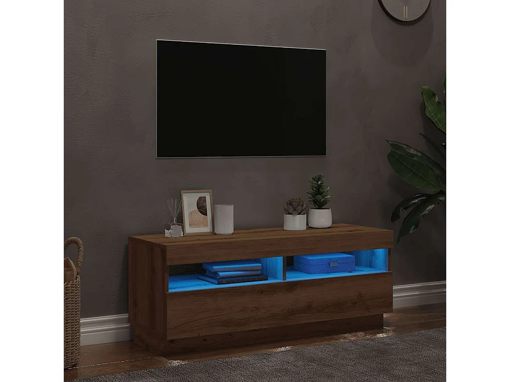 Tv-meubel met LED 100x35x40 cm bewerkt hout artisanaal eiken