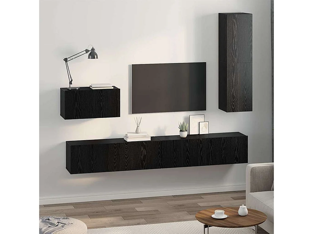 Meuble TV mural Montage mural 4 pièces Chêne noir 200 x 30 x 30 cm