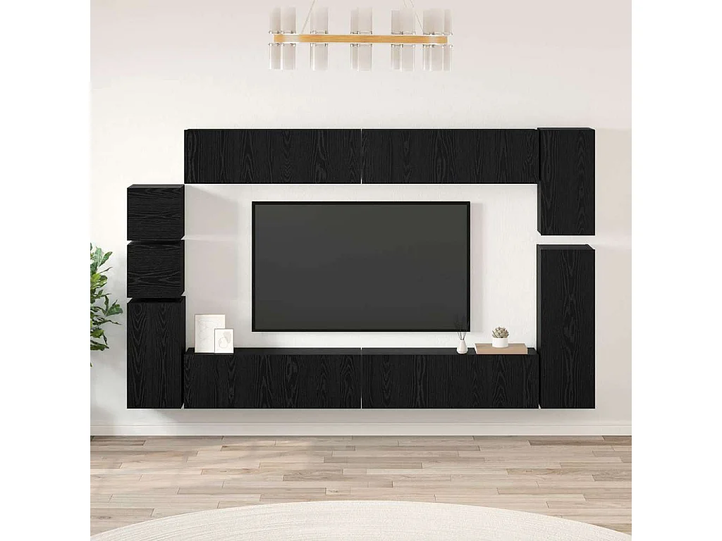Conjunto de mueble de TV 9 pcs Roble negro Madera contrachapada