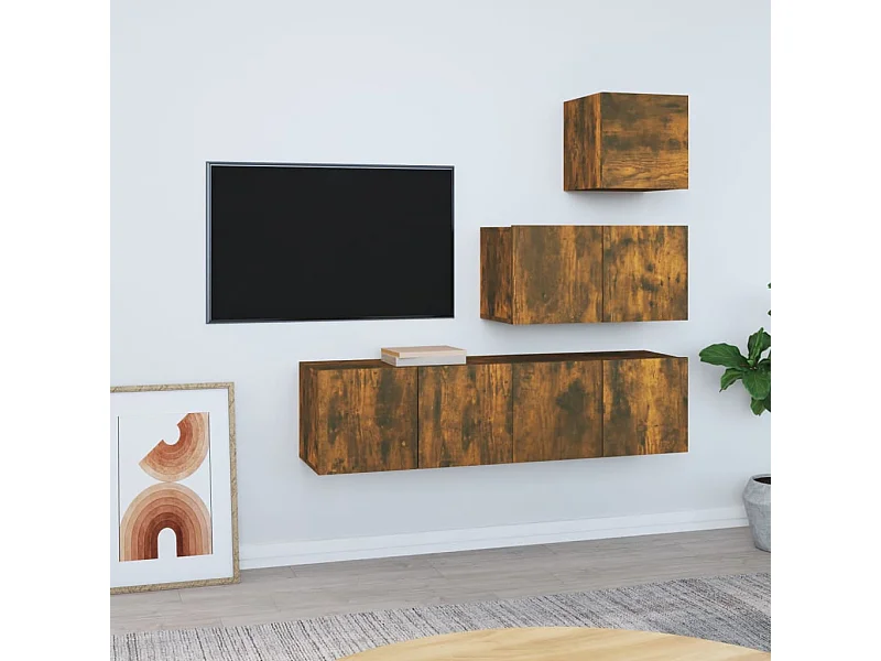 Set de muebles de TV 4 pzas madera contrachapada roble ahumado