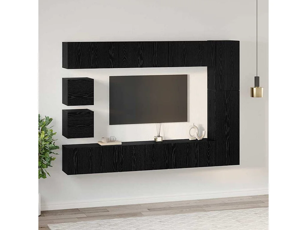 Conjunto de mueble de TV Montaje en la pared 10 pcs Roble negro