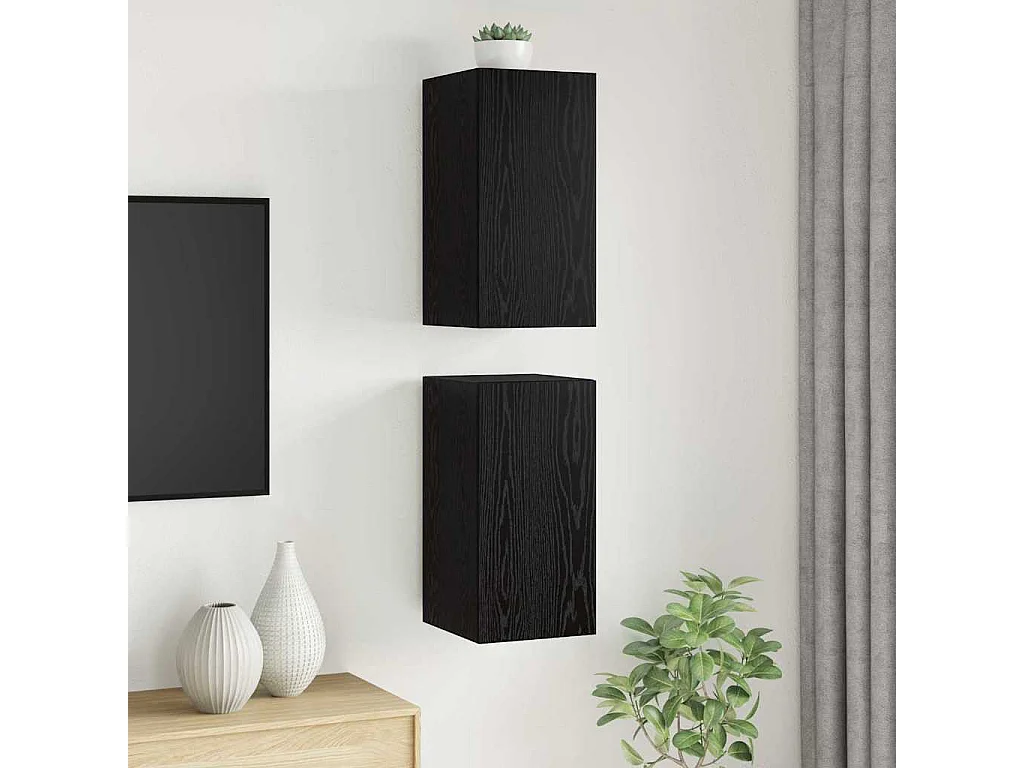 Meuble TV mural 2 pièces Chêne noir Bois d'ingénierie