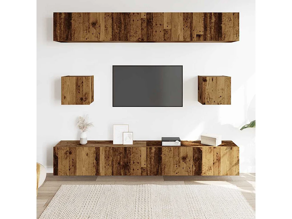 Conjunto de mueble de TV 6 piezas montado la pared madera vieja