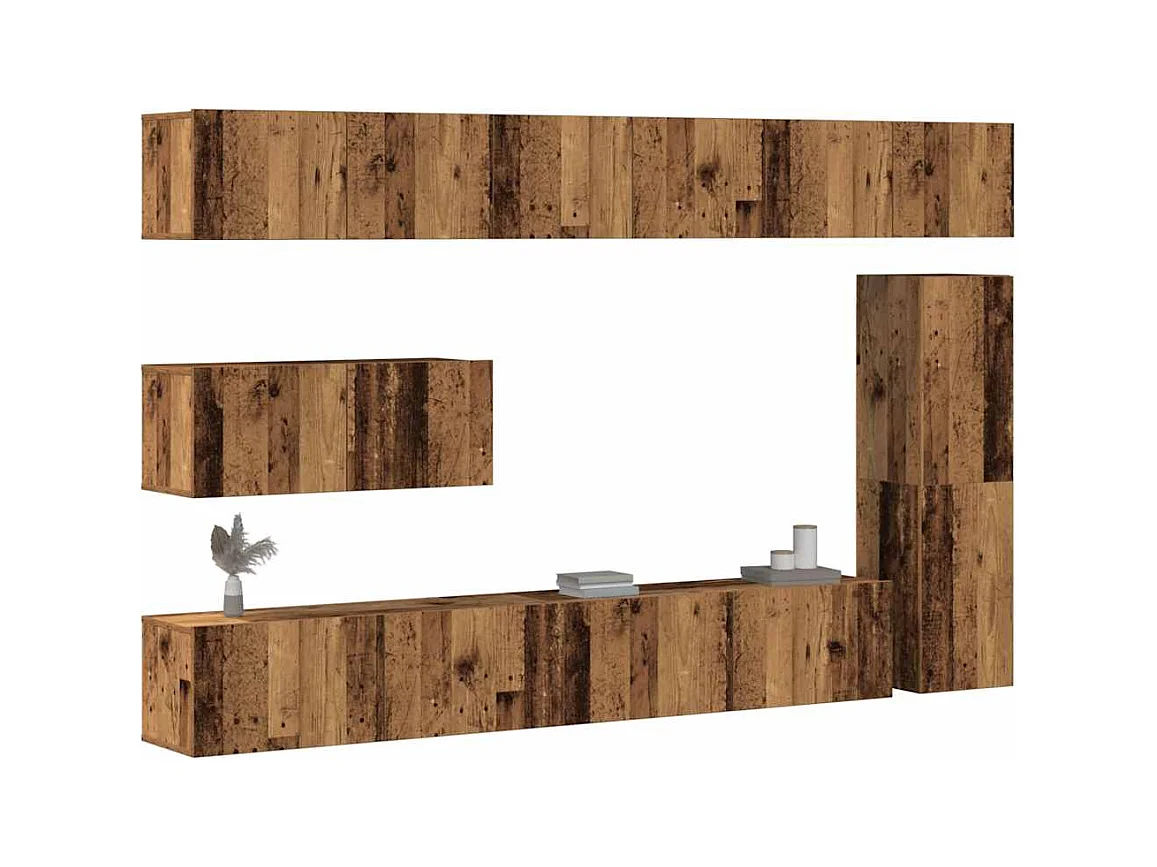 Conjunto de mueble de TV 7 piezas montado la pared madera vieja