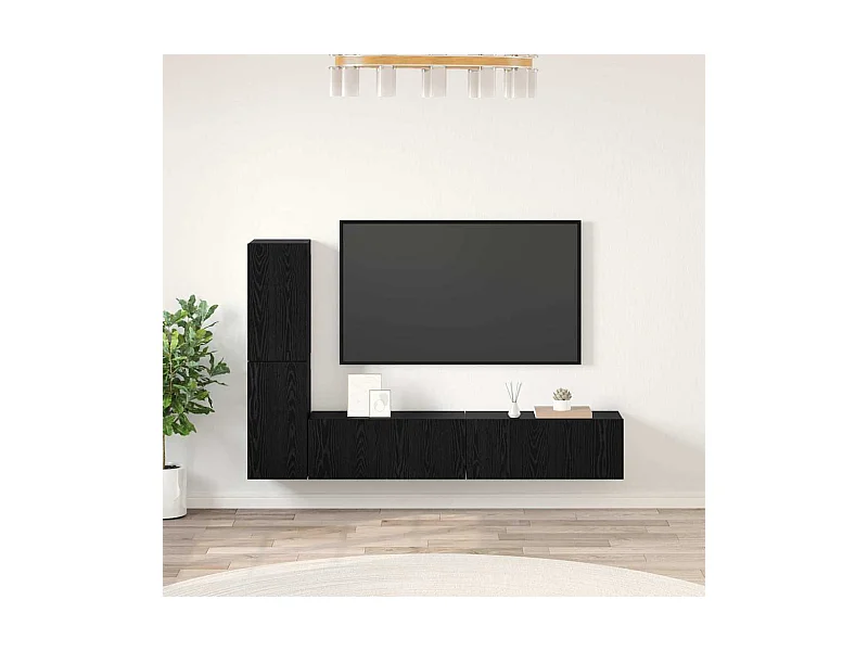 Meuble TV mural 4 pièces Chêne noir Bois d'ingénierie