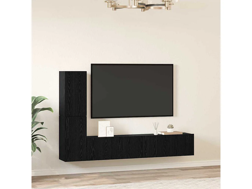 Meuble TV mural 4 pièces Chêne noir Bois d'ingénierie