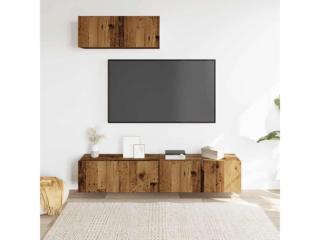 Ensemble de meuble TV mural 3 pièces vieux bois bois d'ingénierie