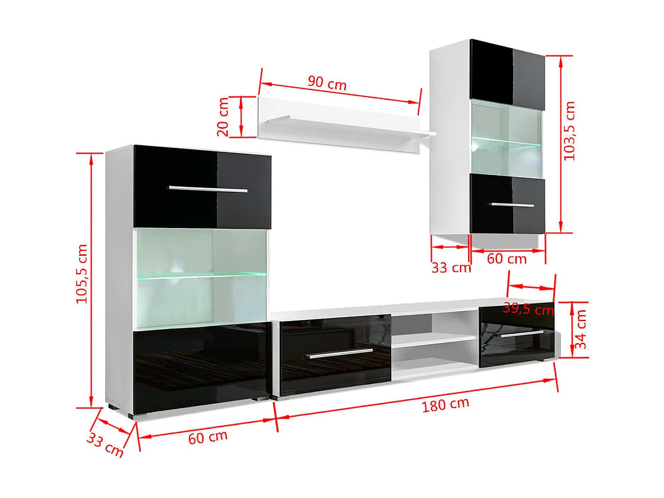 Meuble TV à vitrine murale avec lumière LED 4 pièces noir