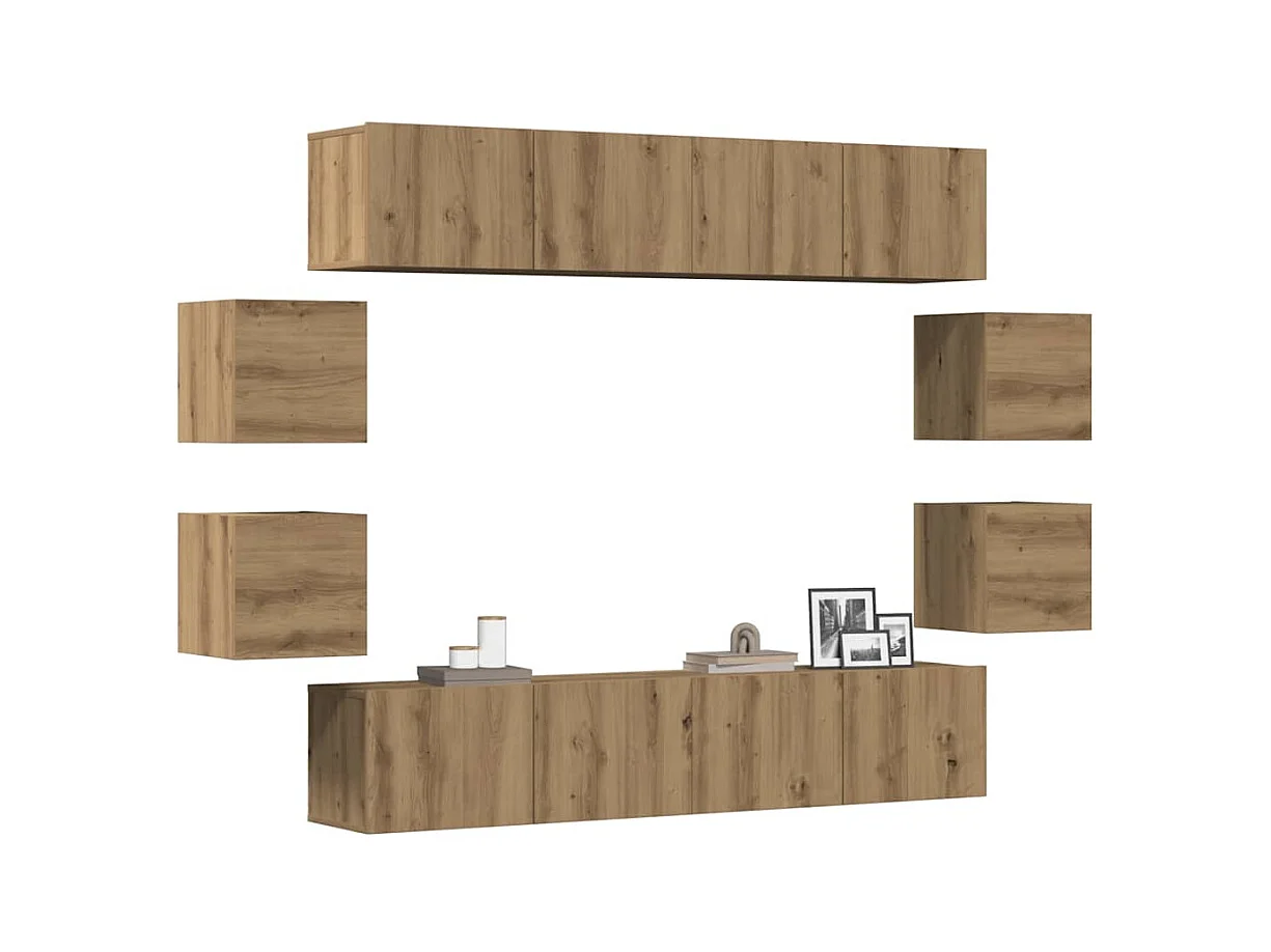 8-delig Tv-meubelset wandmontage bewerkt hout artisanaal eiken